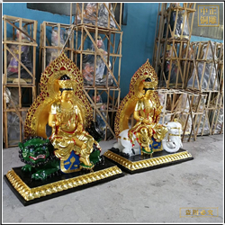 鑄銅關公 彩繪文殊普賢菩薩佛像